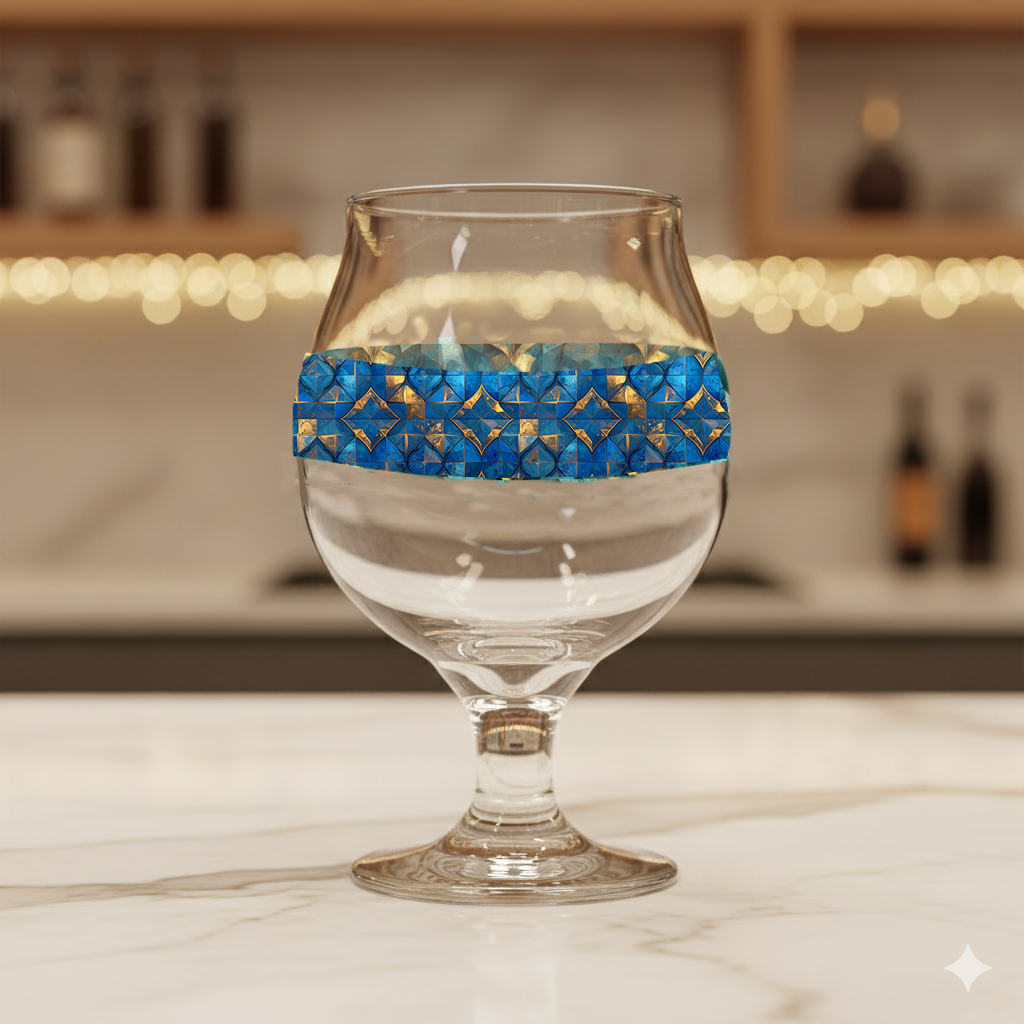 Moroccan Treasure Belgian beer glass decorative blue and gold design on a marble surface, blurred bar background