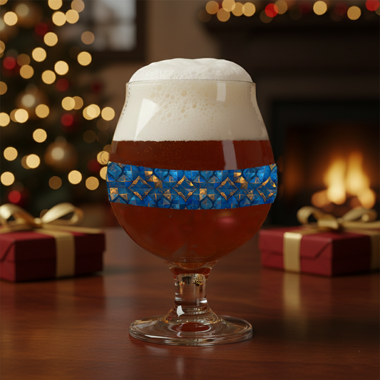 Moroccan Treasure Belgian glass of beer with decorative blue and gold design in front of a festive background with lights and presents.