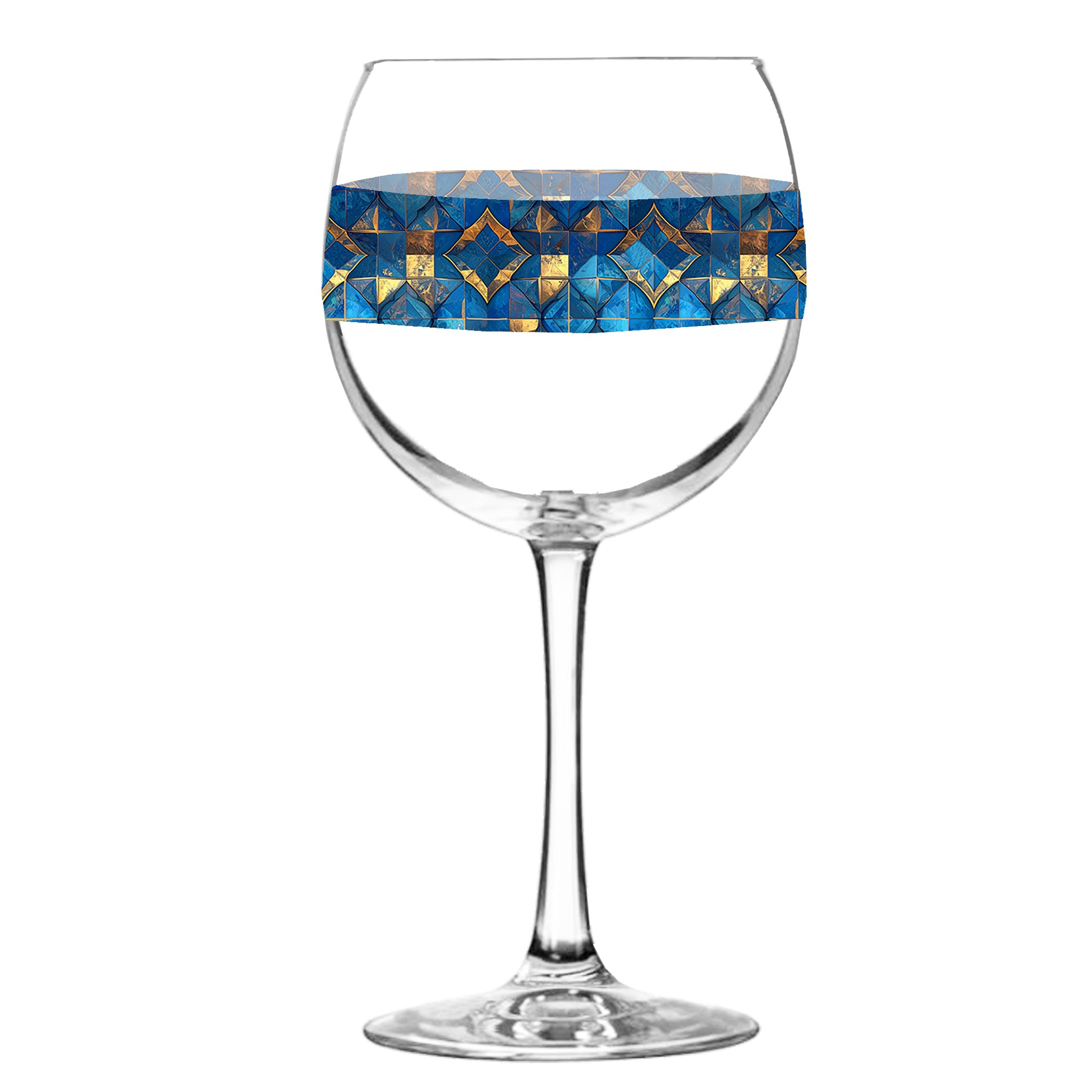 Balloon wine glass with turqoise and gold geometric design on a white background