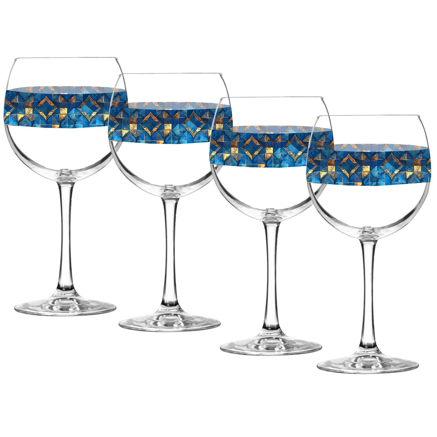 Set of four balloon wine glasses with turqoise and gold geometric design on a white background