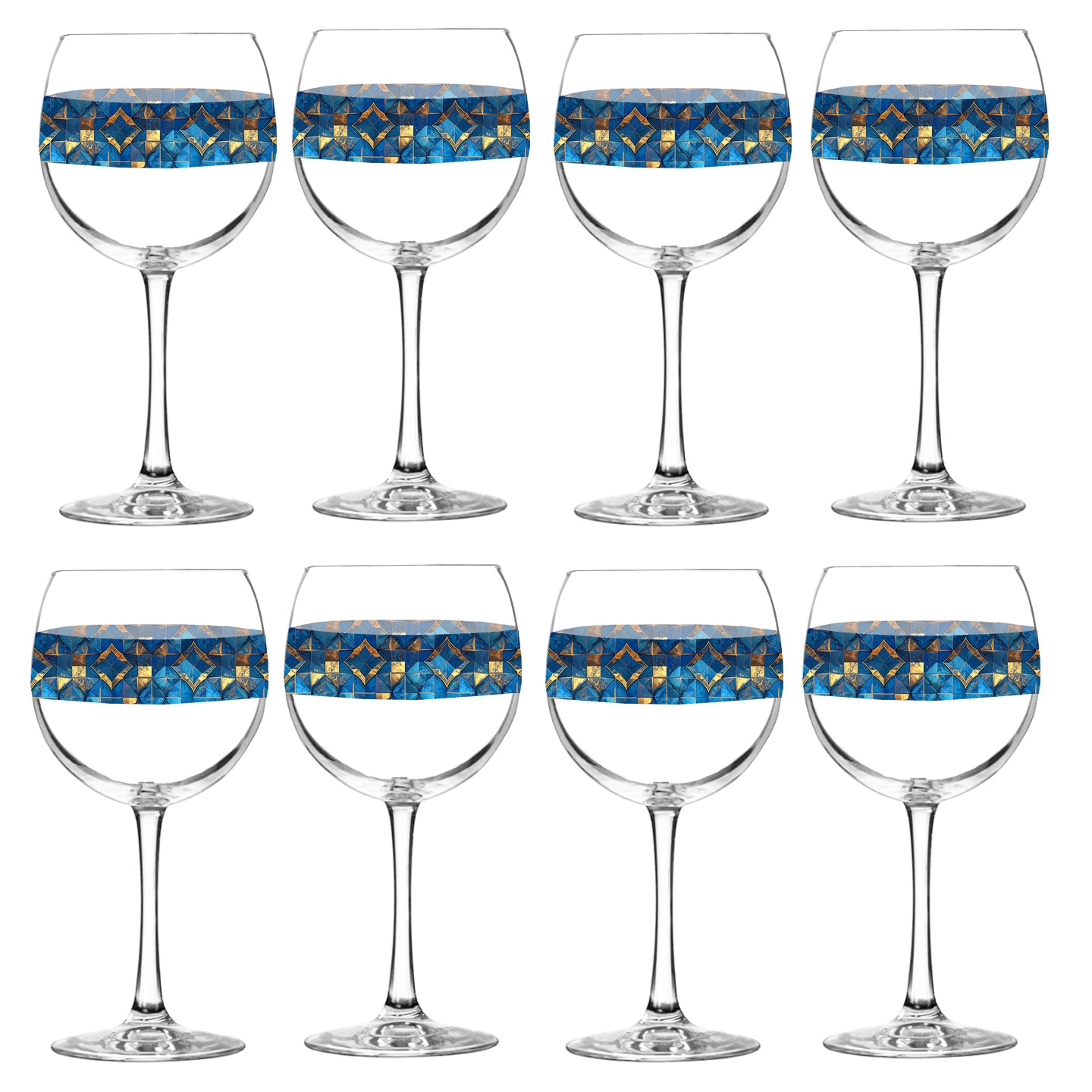 Set of eight balloon wine glasses with turqoise and gold geometric design on a white background