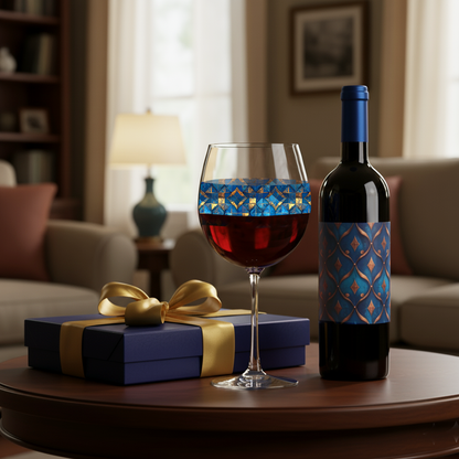 Moroccan Treasure balloon wine glass with turquoise and gold decorative design, wine bottle and gift on a table in a cozy living room setting.