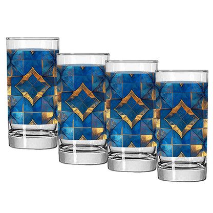 Set of four highball glasses with turqoise and gold geometric design on a white background