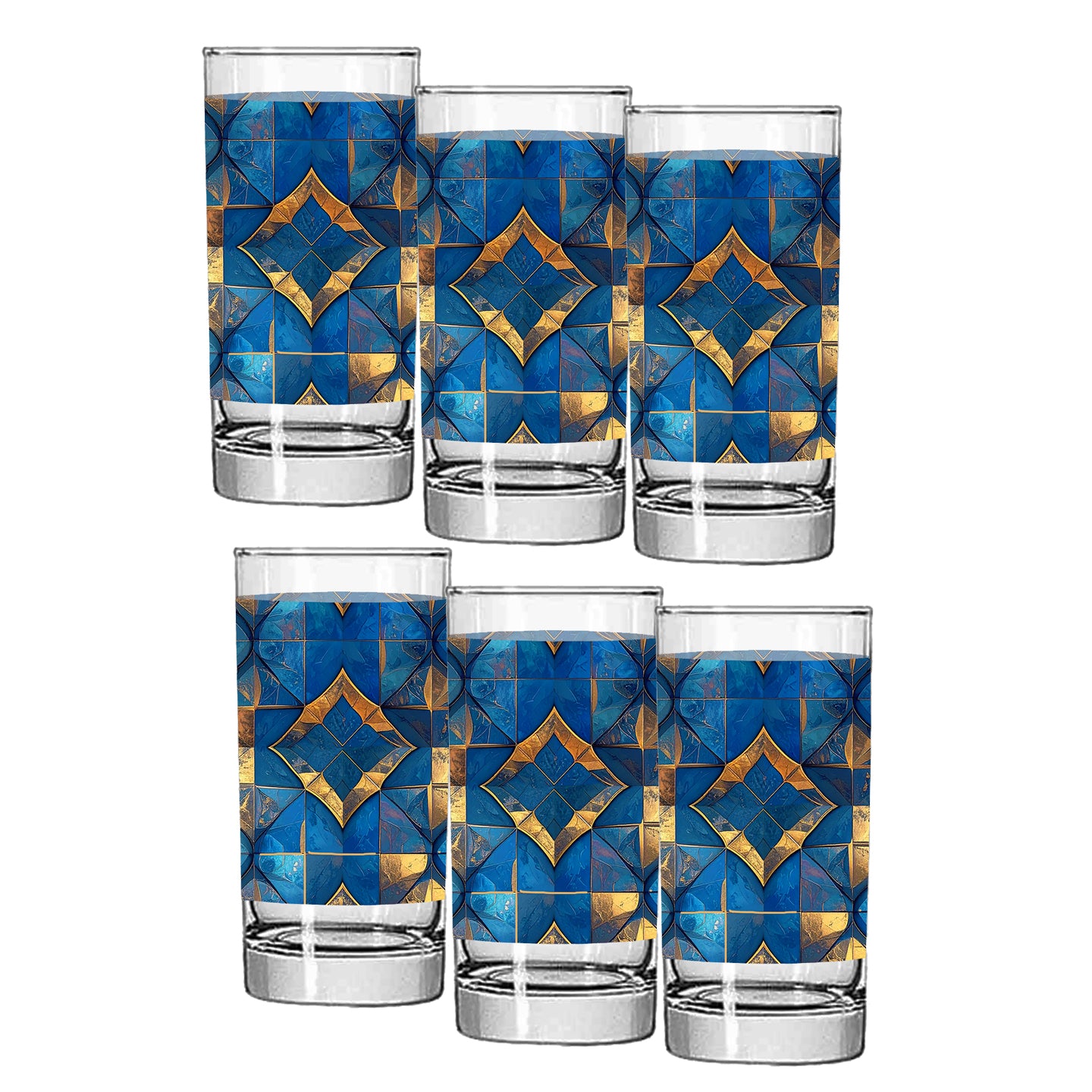 Set of six highball glasses with turqoise and gold geometric design on a white background