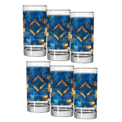 Set of six highball glasses with turqoise and gold geometric design on a white background