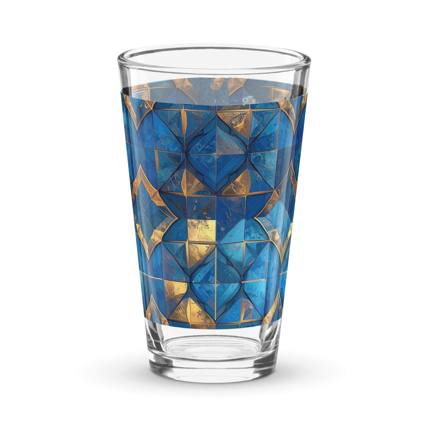 Clear pint beer glass with turqoise and gold geometric design on a white background