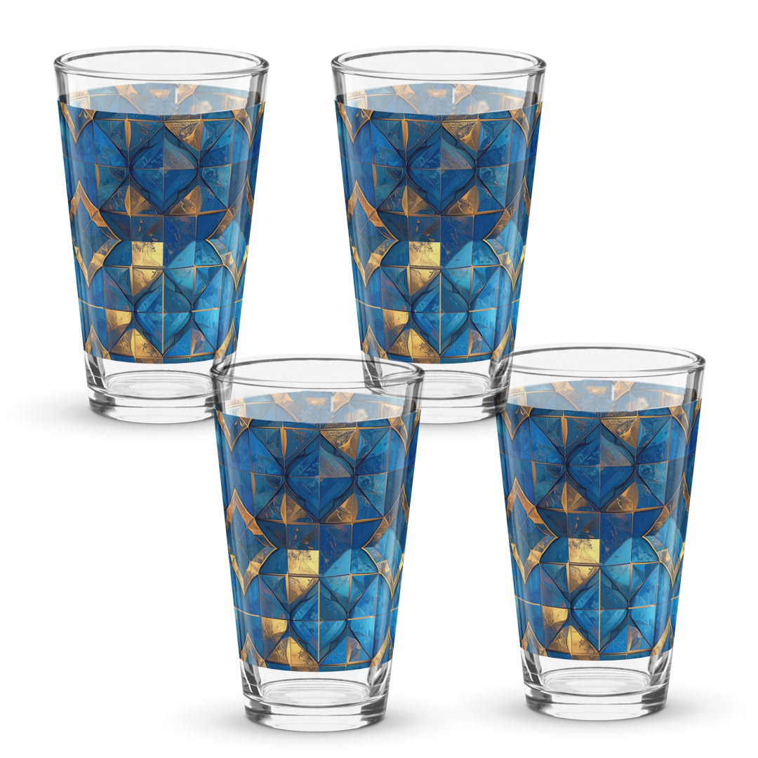 Four pint beer glasses with turqoise and gold geometric design on a white background