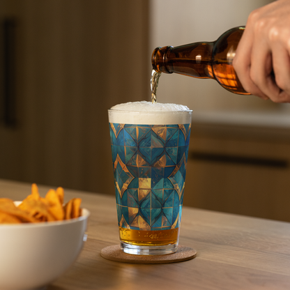Moroccan Treasure pint glass with turquoise and gold design and a hand pouring beer iinto the glass on a wooden table.