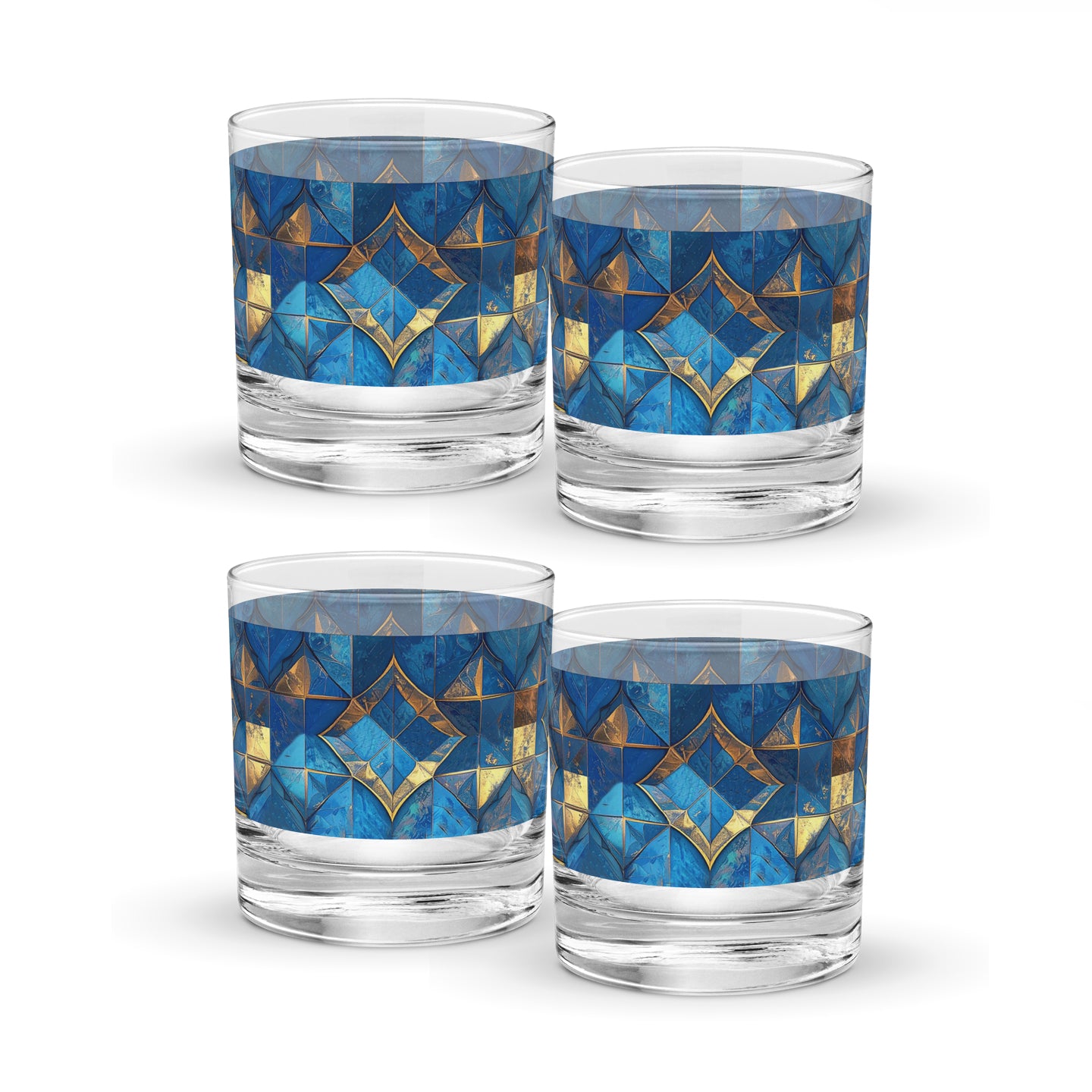 Four rock glasses with turqoise and gold geometric design on a white background