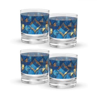 Four rock glasses with turqoise and gold geometric design on a white background