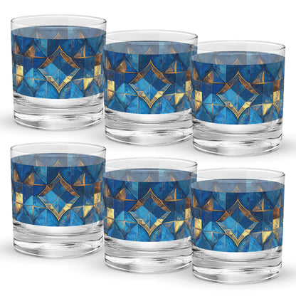 Set of six rock glasses with turqoise and gold geometric design on a white background