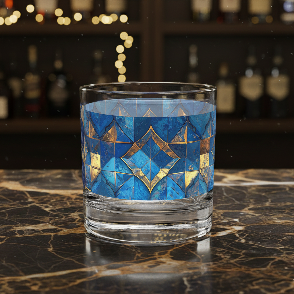 Moroccan Treasure rocks glass with turquoise and gold design on a marble surface with blurred bar background