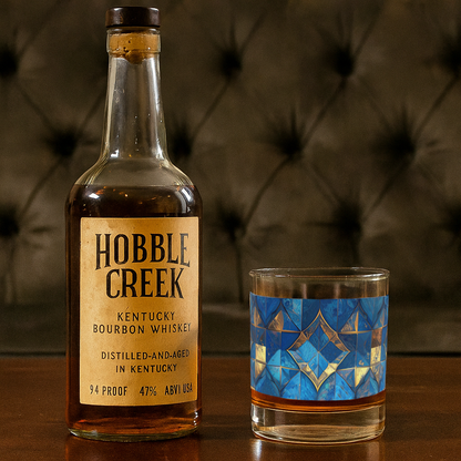 Moroccan Treasure rocks glass with turquoise and gold design, and a bottle of Hobble Creek Kentucky Bourbon Whiskey sitting on a wooden surface.