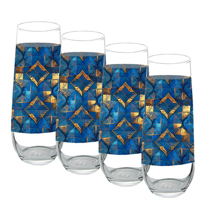 Four stemless champagn glasses with turqoise and gold geometric design on a white background