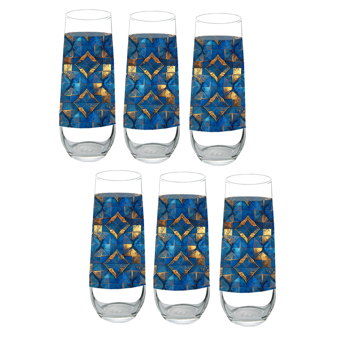 Set of six stemless champagne glasses with turqoise and gold geometric design on a white background