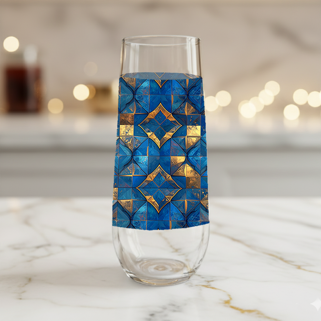 Moroccan Treasure stemless champagne glass with blue and gold geometric design on a marble surface and blurred lights in background.