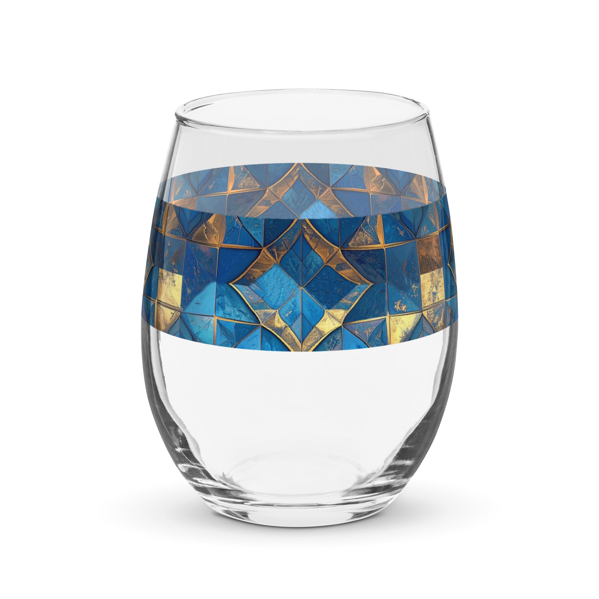 Clear stemless wine glass with turqoise and gold geometric design on a white background