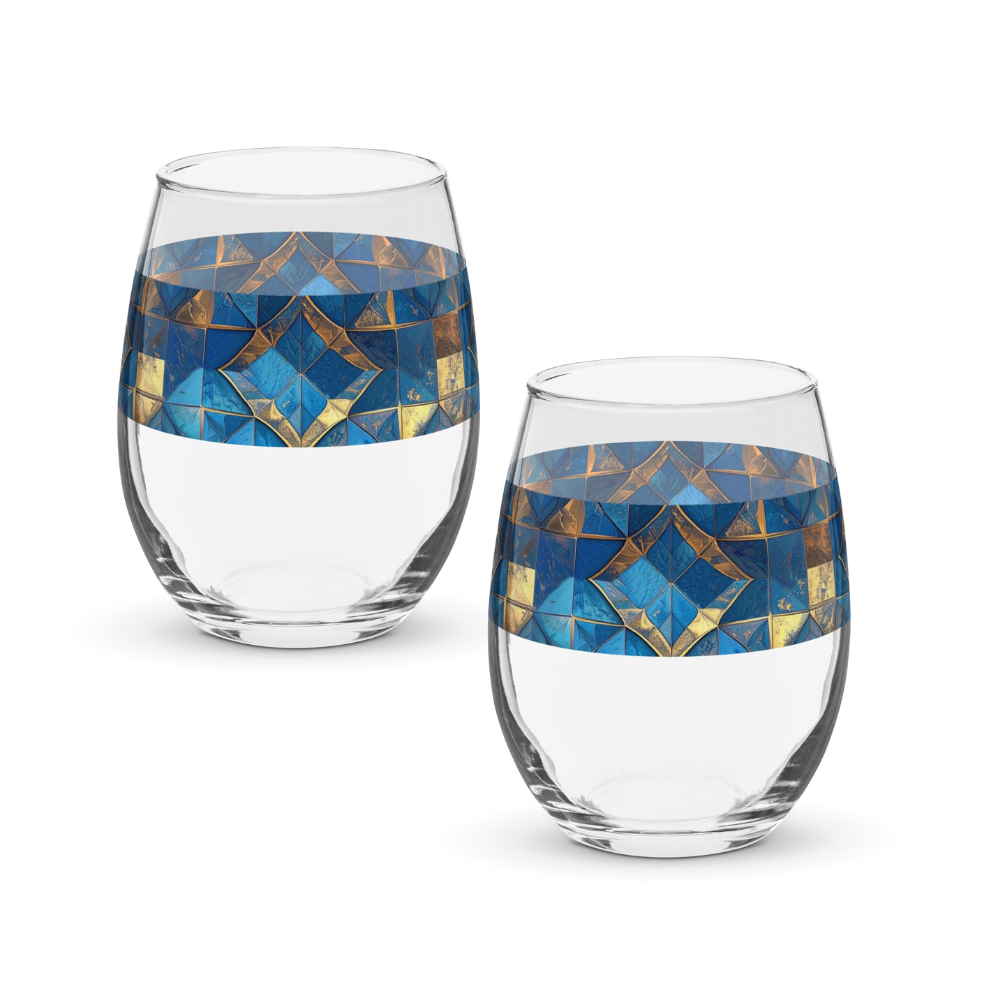 Two stemless wine glasses with turqoise and gold geometric design on a white background