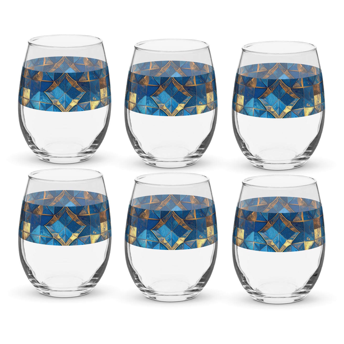 Set of six clear stemless wine glasses with turqoise and gold geometric design on a white background