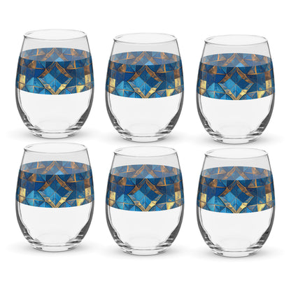 Set of six clear stemless wine glasses with turqoise and gold geometric design on a white background