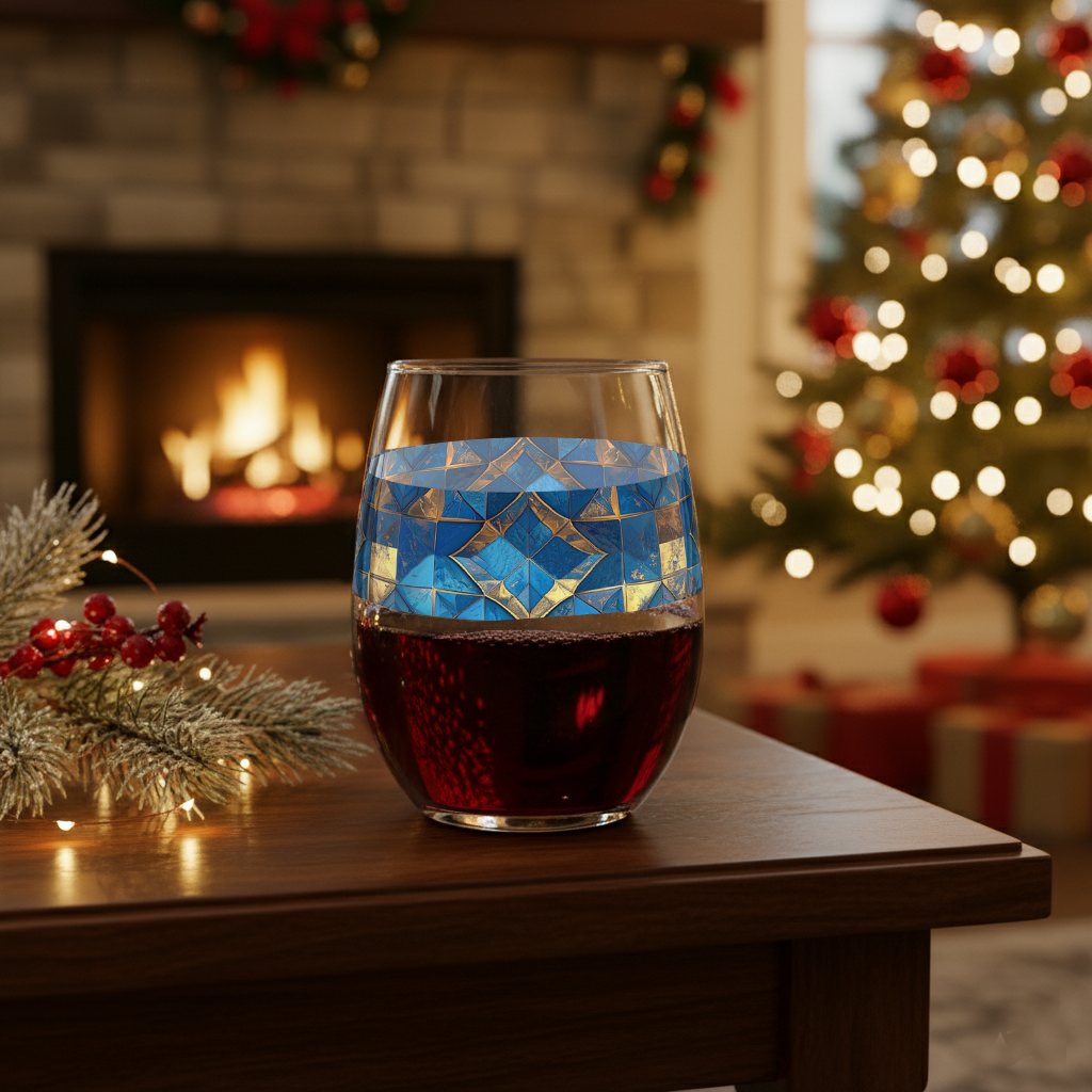 Moroccan Treasure stemless wine glass of red wine with decorative blue and gold pattern on a table in front of a fireplace and Christmas tree.