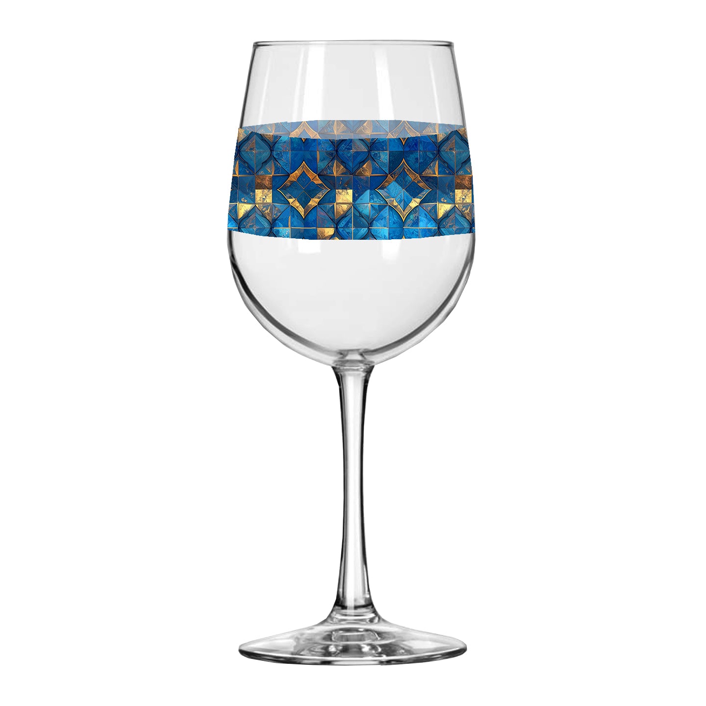 Wine glass with turqoise and gold geometric design on a white background