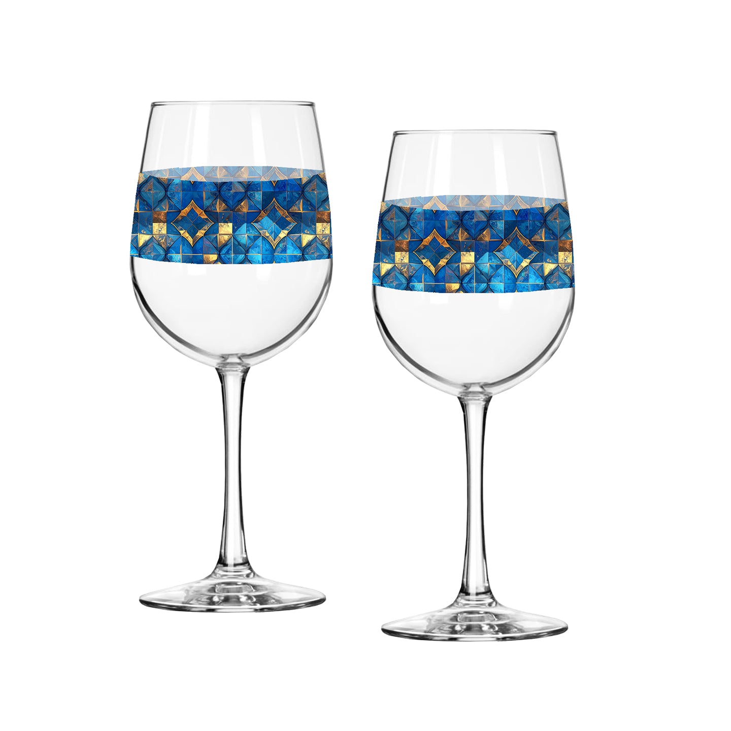 Two wine glasses with turqoise and gold geometric design on a white background