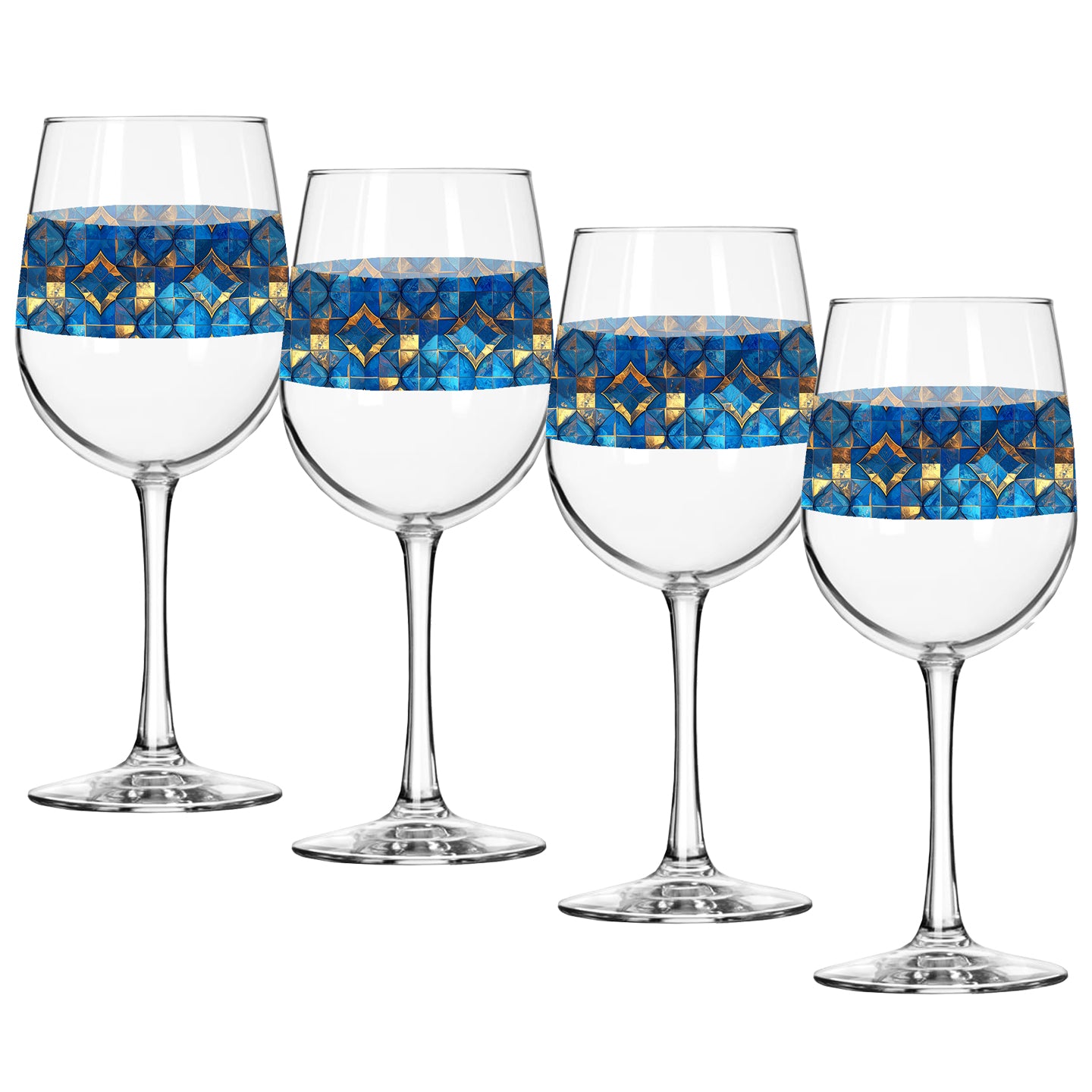 Four wine glasses with turqoise and gold geometric design on a white background