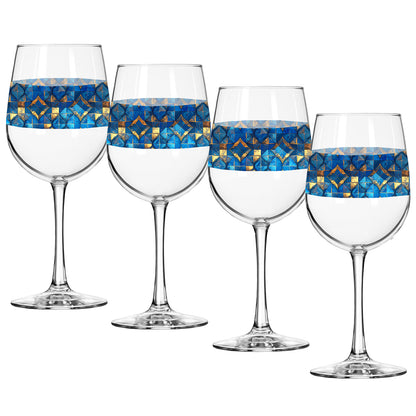 Four wine glasses with turqoise and gold geometric design on a white background