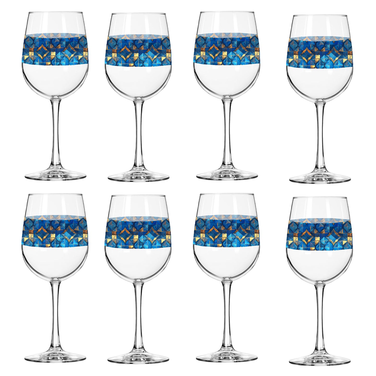 Set of eight wine glasses with turqoise and gold geometric design on a white background