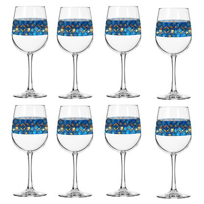 Set of eight wine glasses with turqoise and gold geometric design on a white background