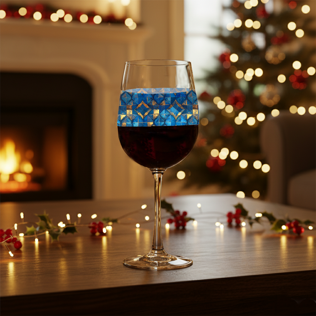  Moroccan Treasure tall wine glass with decorative blue and gold design on a table with Christmas decorations and fireplace in the background