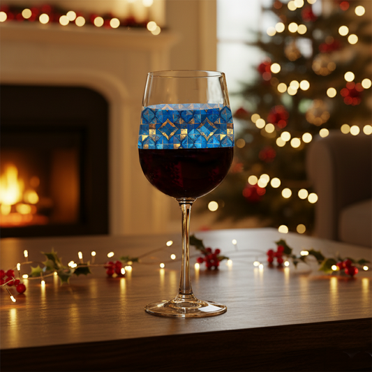  Moroccan Treasure tall wine glass with decorative blue and gold design on a table with Christmas decorations and fireplace in the background