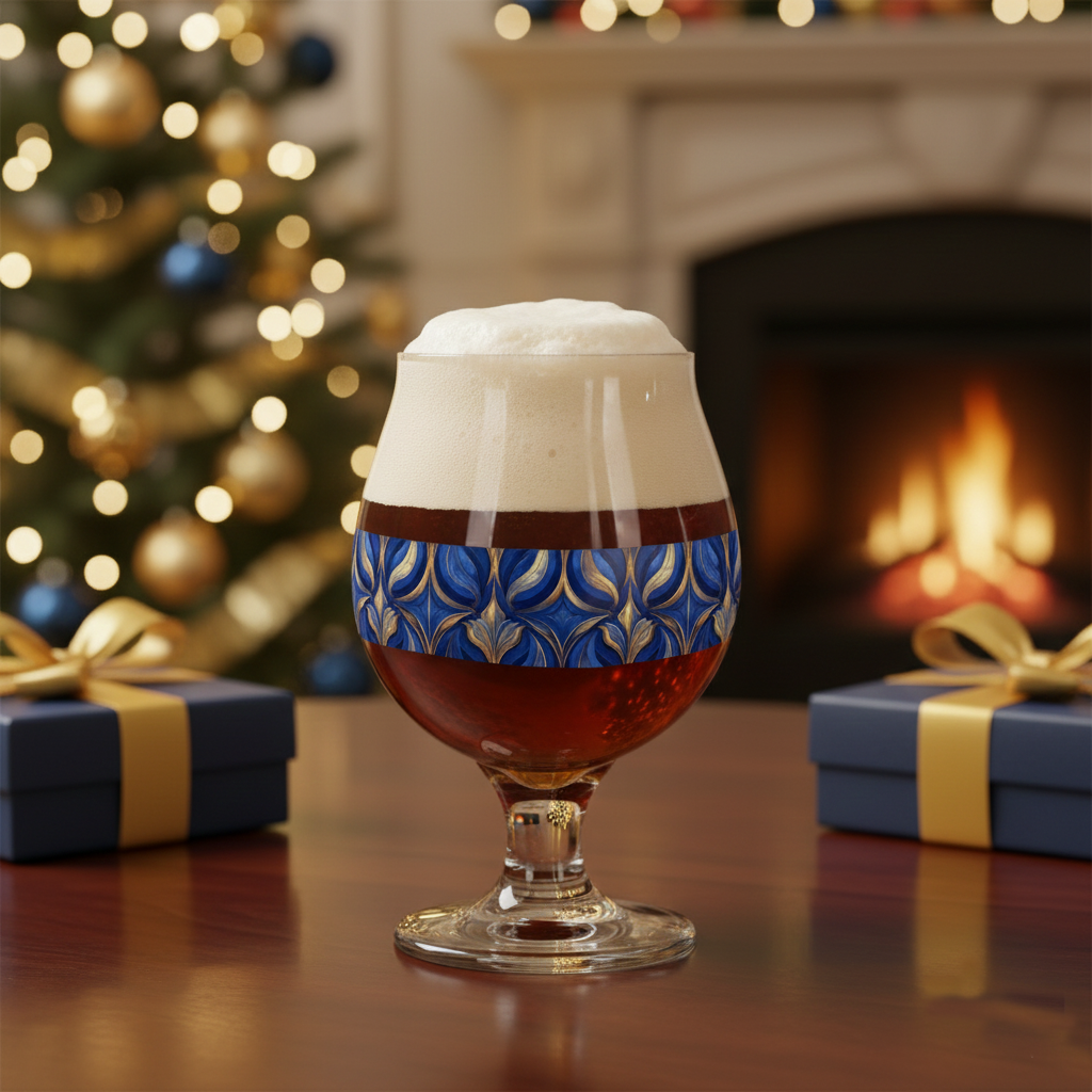 Sapphire Oracle Belgian glass with beer and a decorative navy and gold with presents on the table and festive blurred background