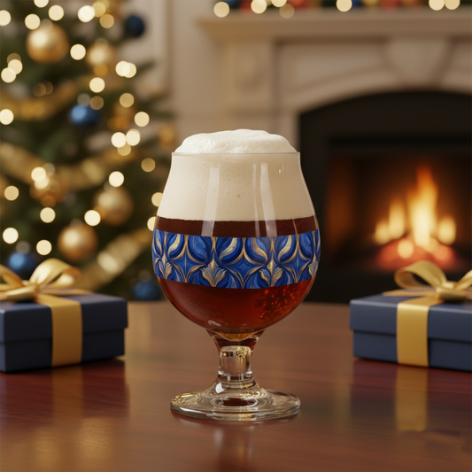 Sapphire Oracle Belgian glass with beer and a decorative navy and gold with presents on the table and festive blurred background