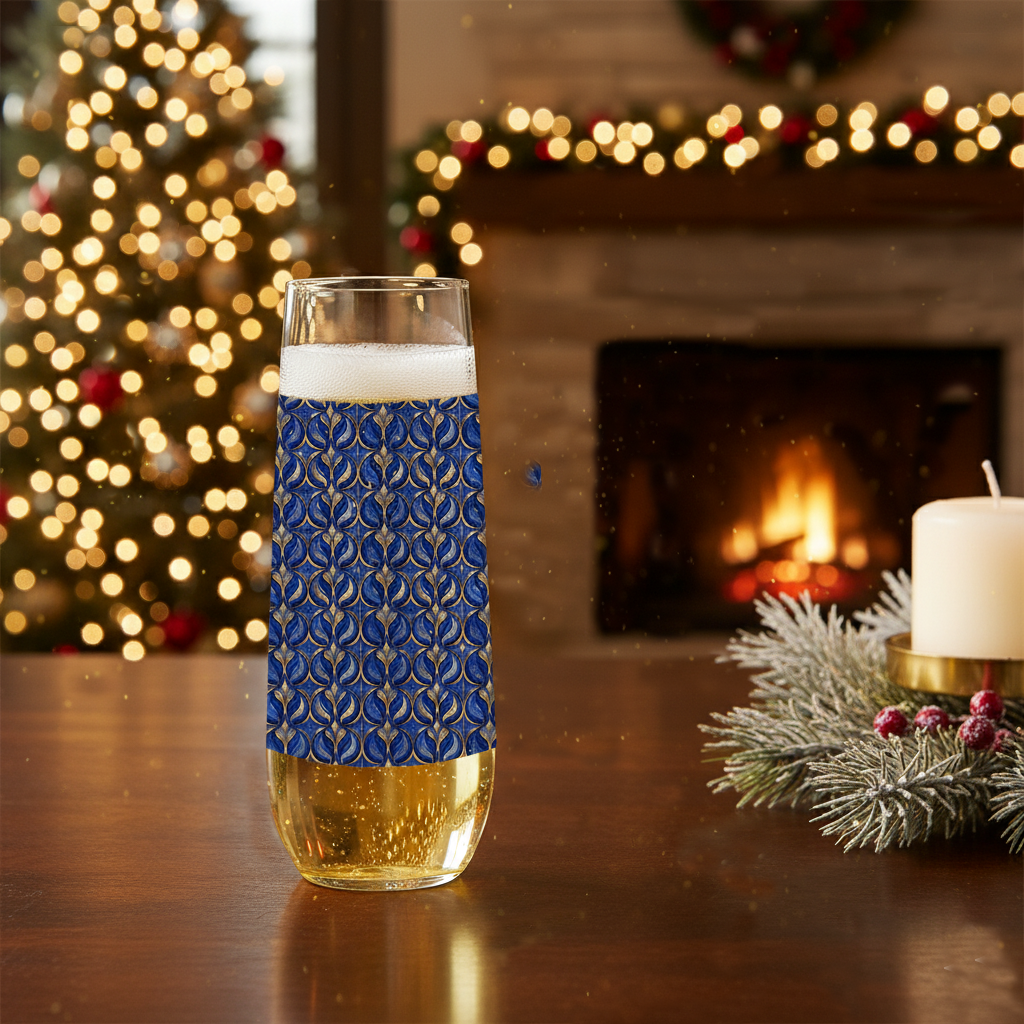 Sapphire Oracle stemless flute glass filled with champagne and witha blue pand gold design on a wooden table with a candle, blurred Christmas tree and fireplace in background.
