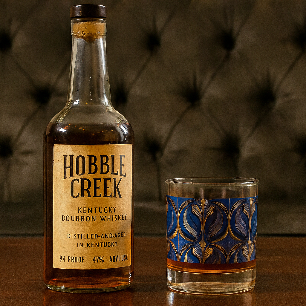 Sapphire Oracle rocks glass with whiskey and a decorative navy and gold design with a Hobble Creek Kentucky Bourbon Whiskey bottle on a wooden table.