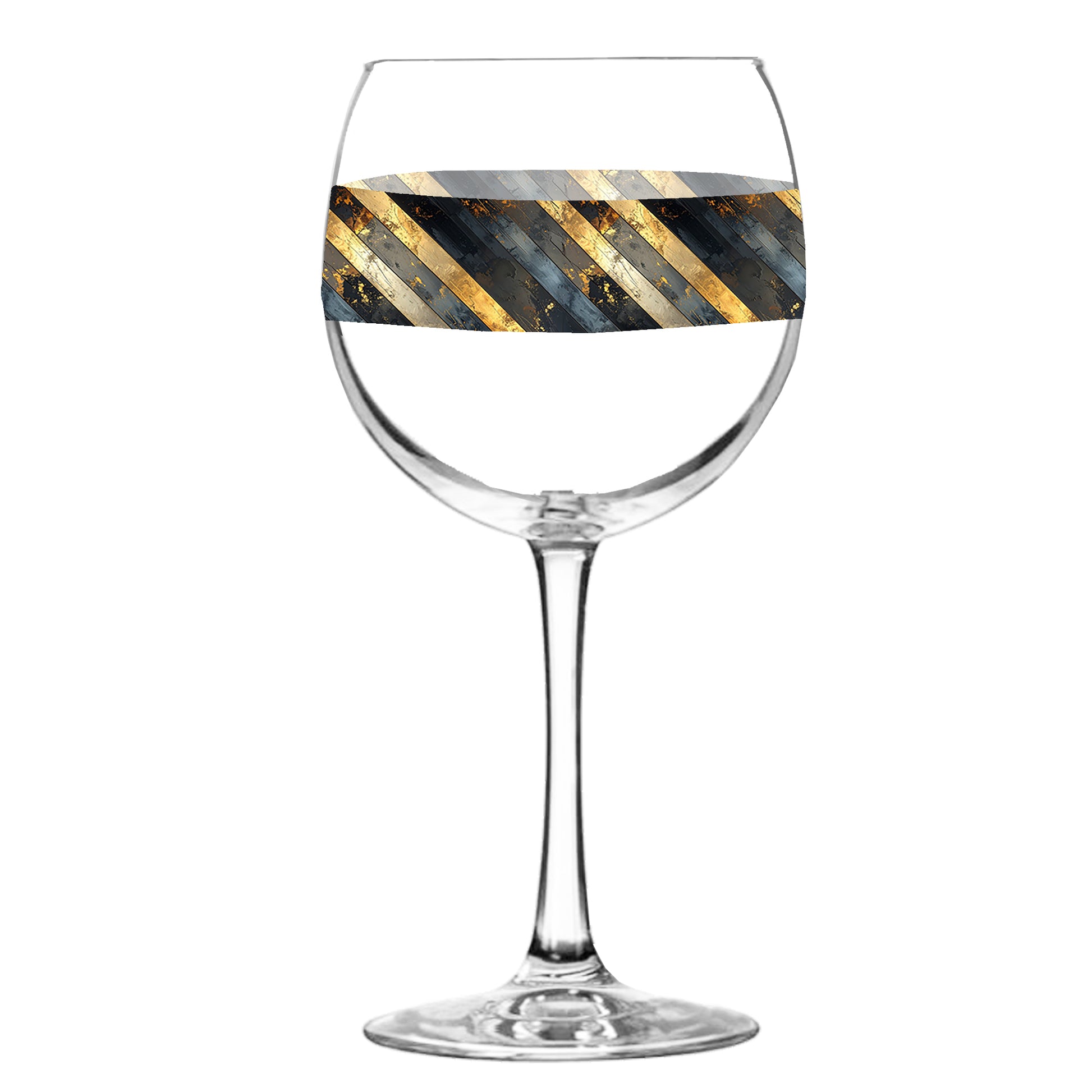 Balloon wine glass with a black and gold striped design on a white background