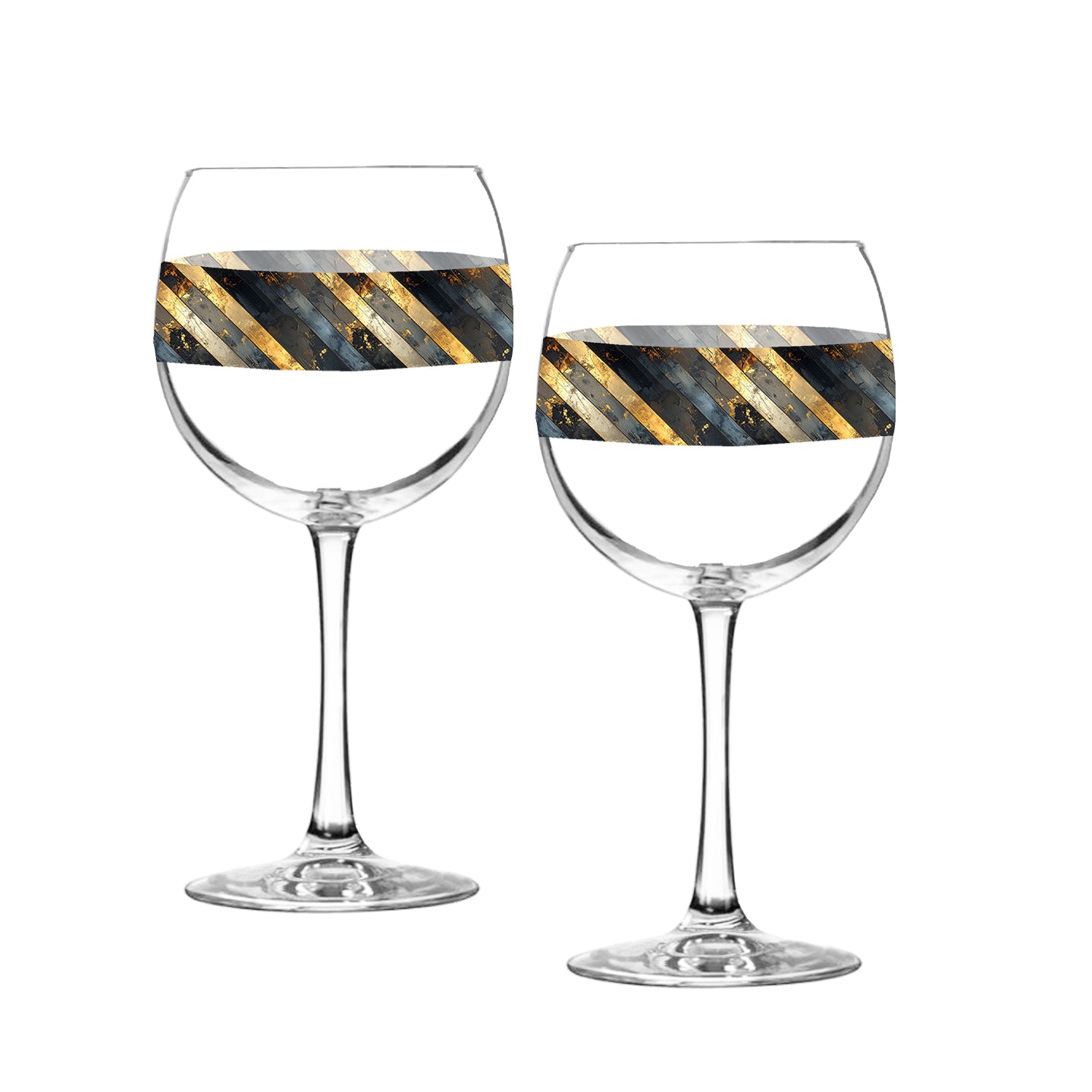 Two balloon wine glasses with black and gold striped desig on a white background