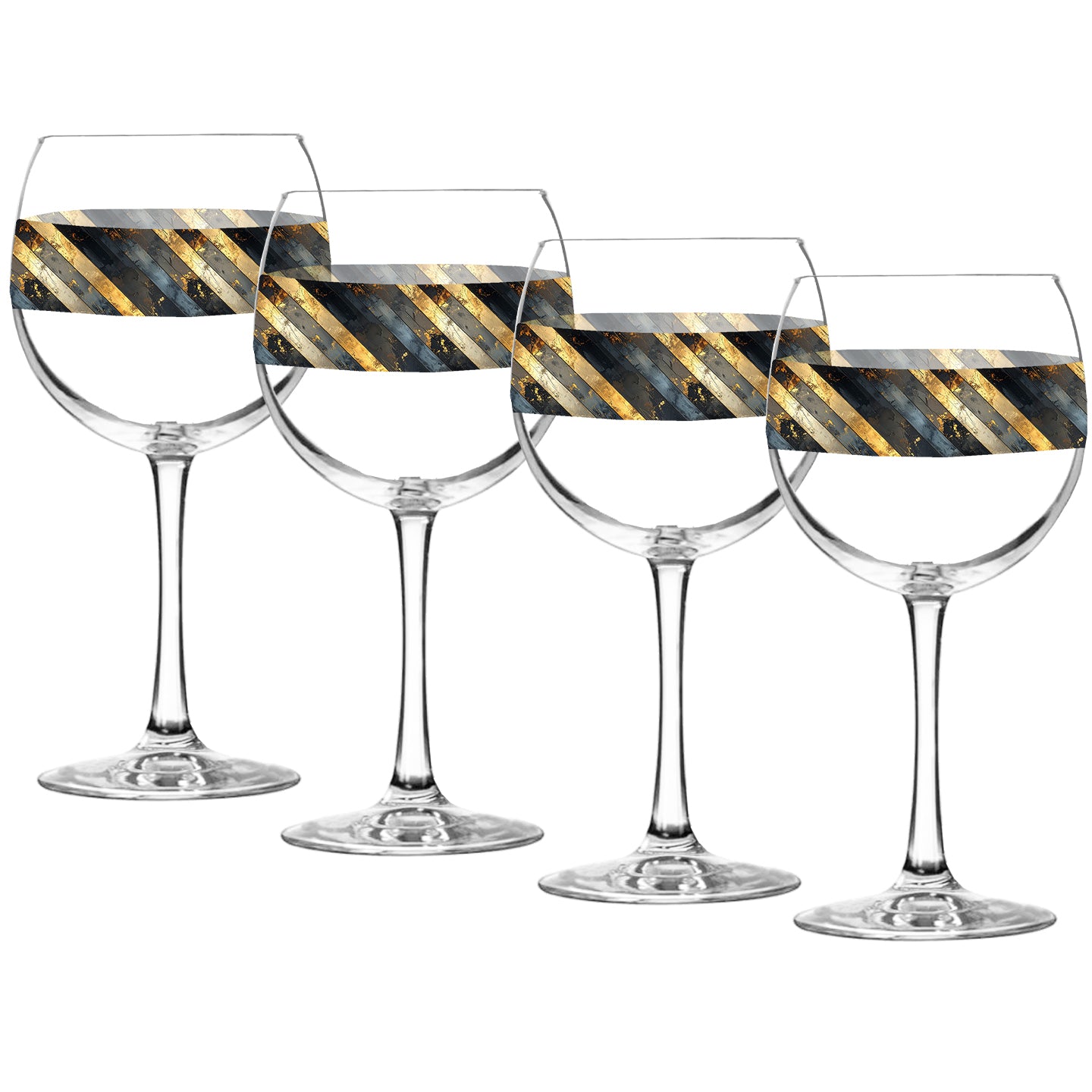 Set of four balloon wine glasses with black and gold striped design on a white background