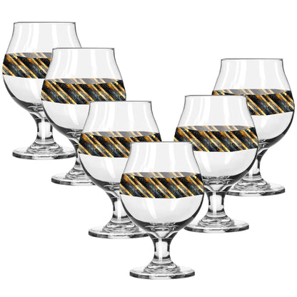 Set of six Belgian beer glasses with black and gold striped bands on a white background