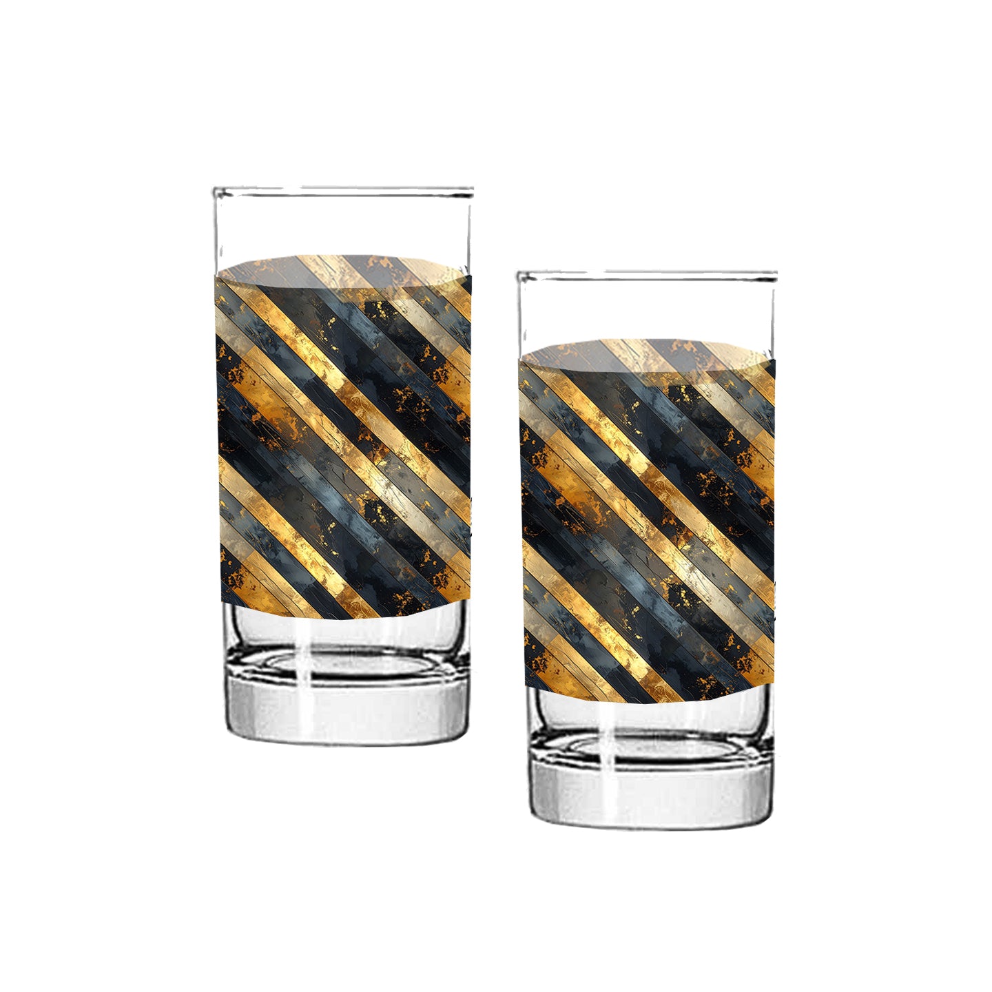 Two highball glasses with gold and black striped design on a white background