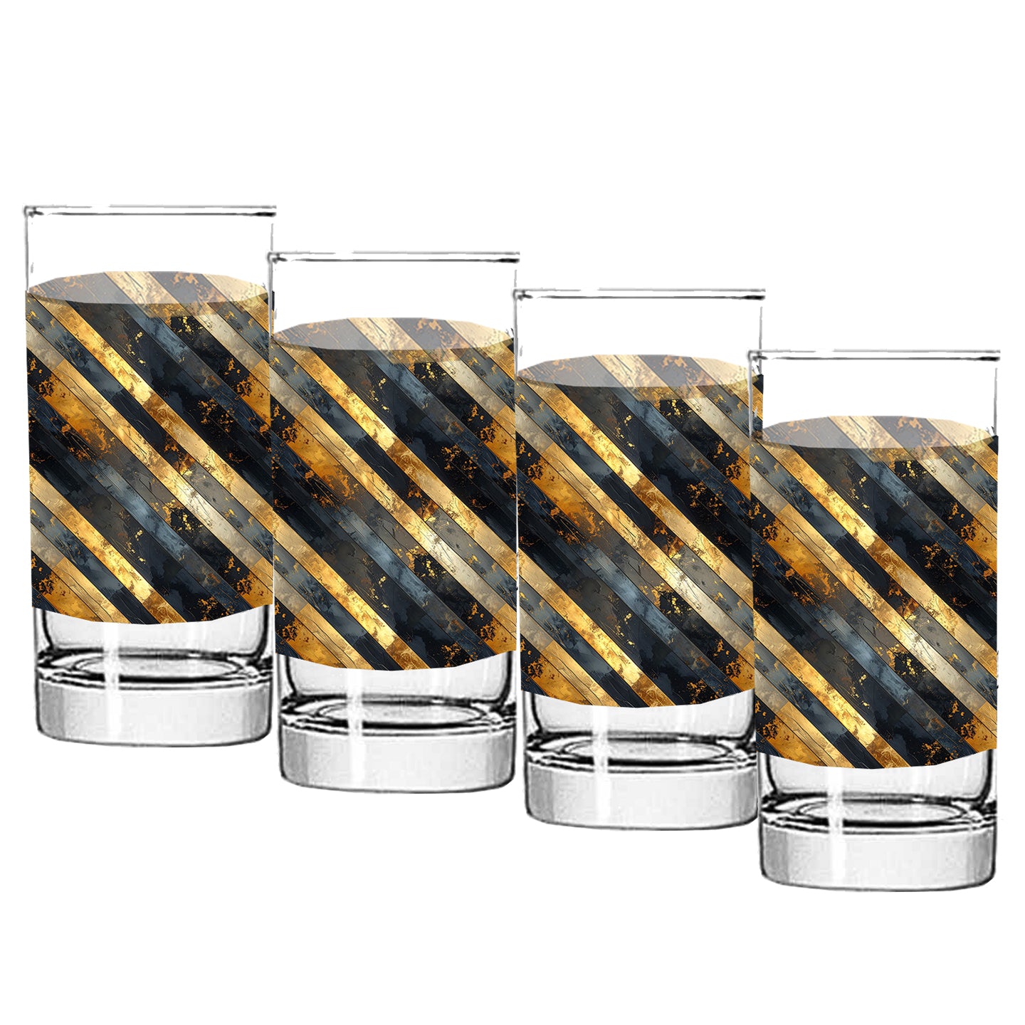 Set of four highball glasses with black and gold striped design on a white background