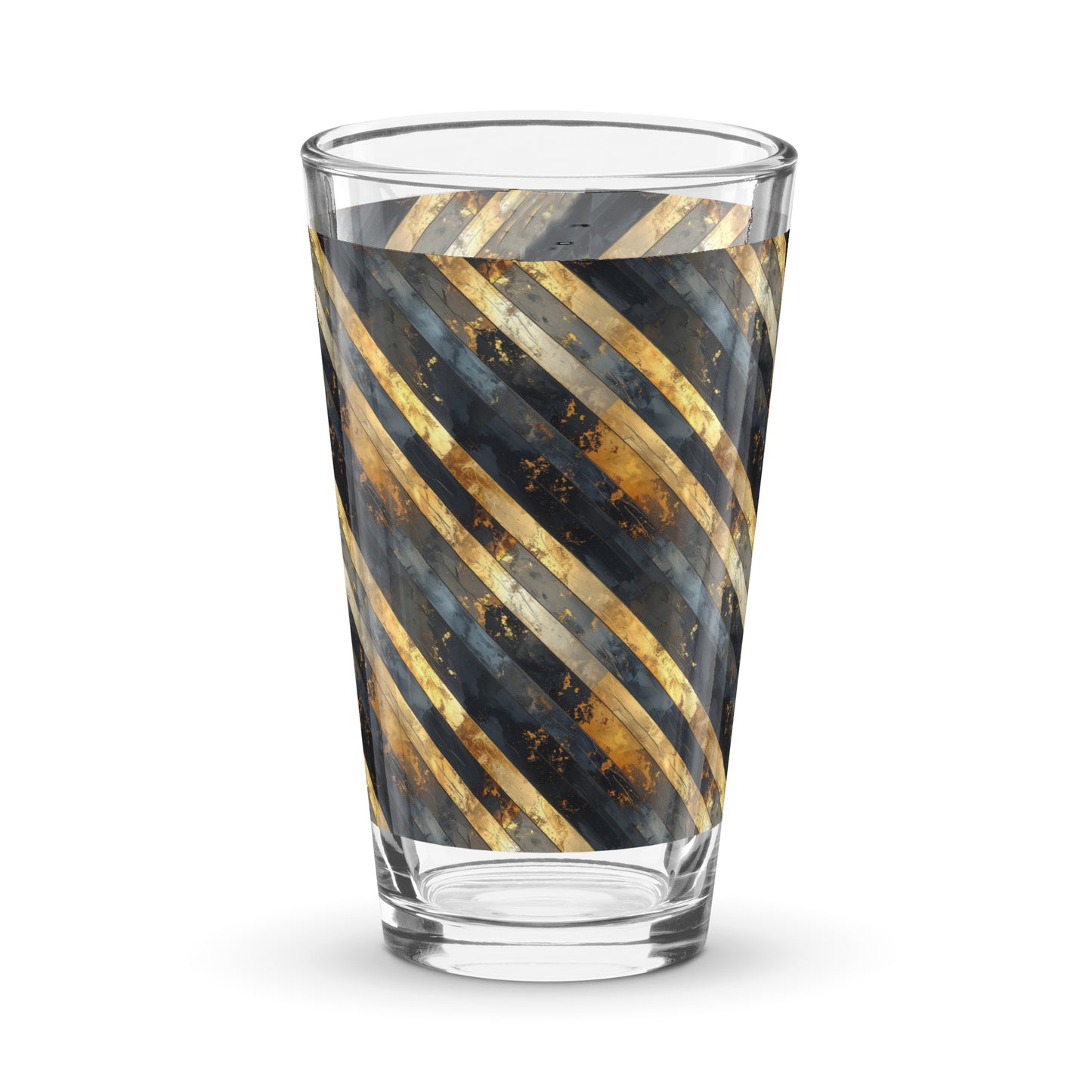 Pint beer glass with gold and black striped pattern on a white background