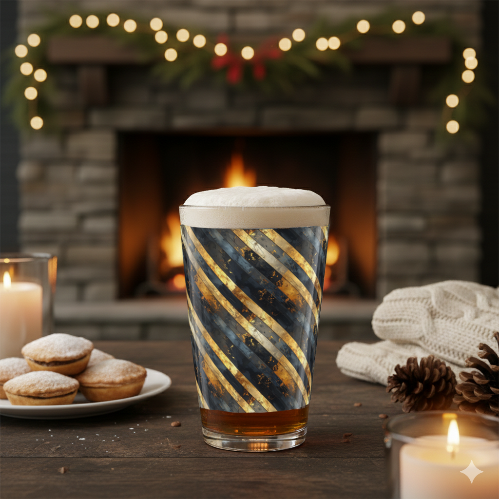 Obsidian Stripes pint glass with black and gold diagonal design and dark beer on a wooden table with bottles and snacks in the background.