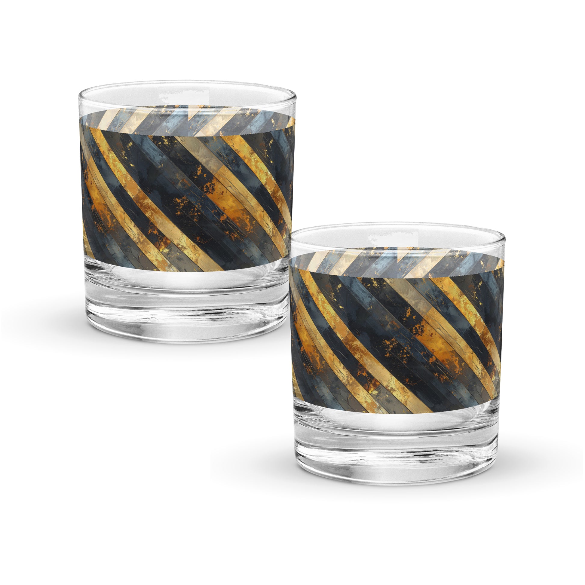 Two rock glasses with black and gold striped design on a white background