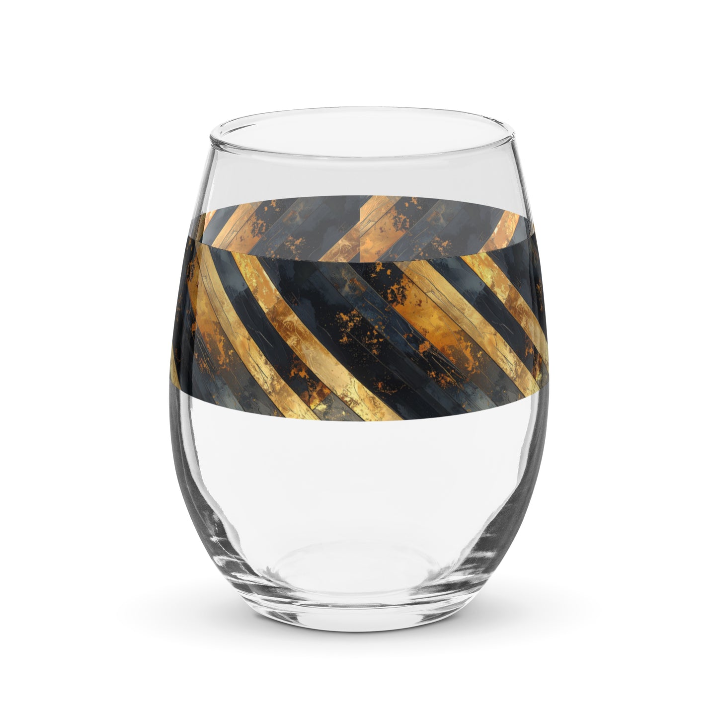Clear glass with black and gold striped pattern on a white background