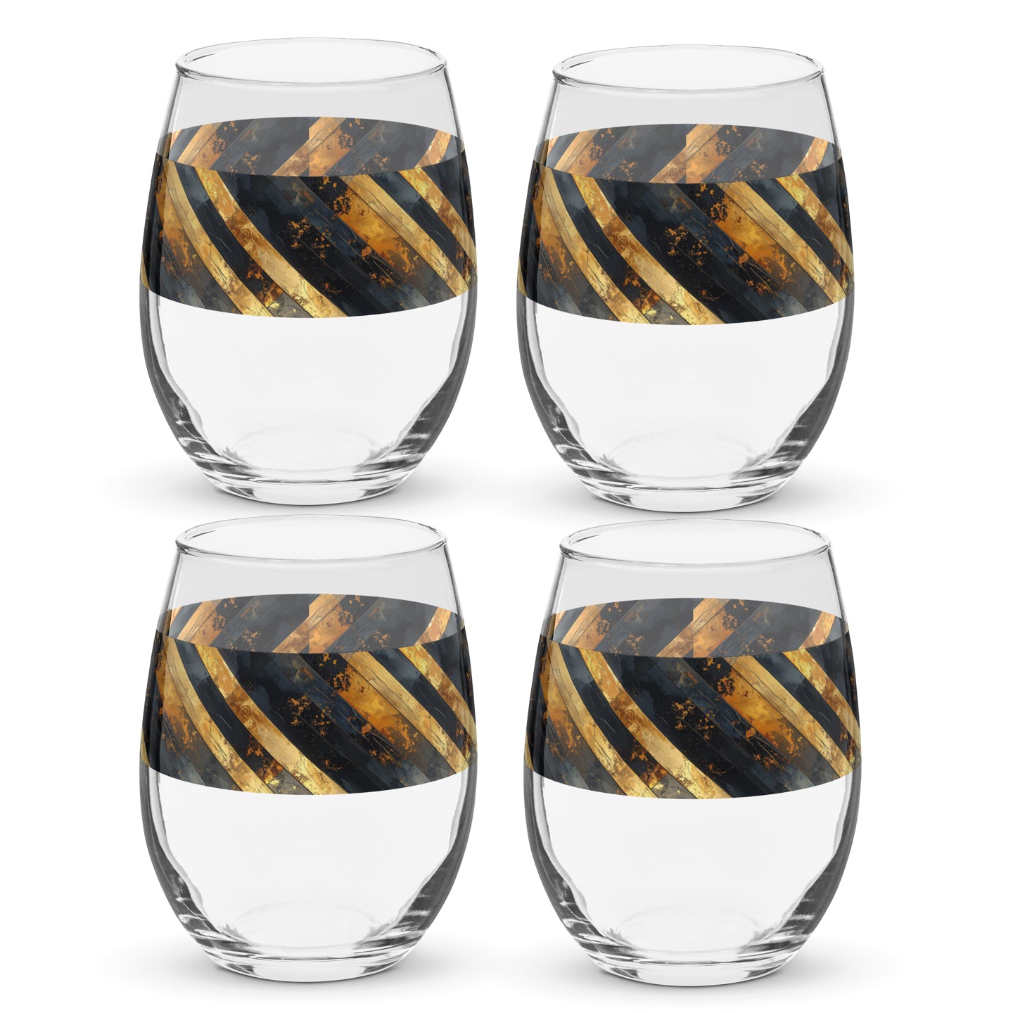 Four clear stemless wine glasses with black and gold striped designs on a white background