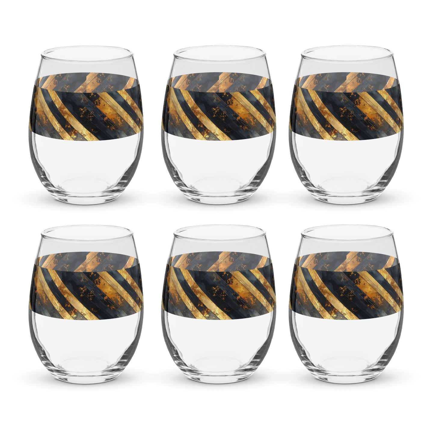 Set of six stemless wine glasses with black and gold striped designs on a white background
