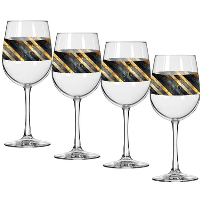 Four wine glasses with decorative black and gold stripes on a white background